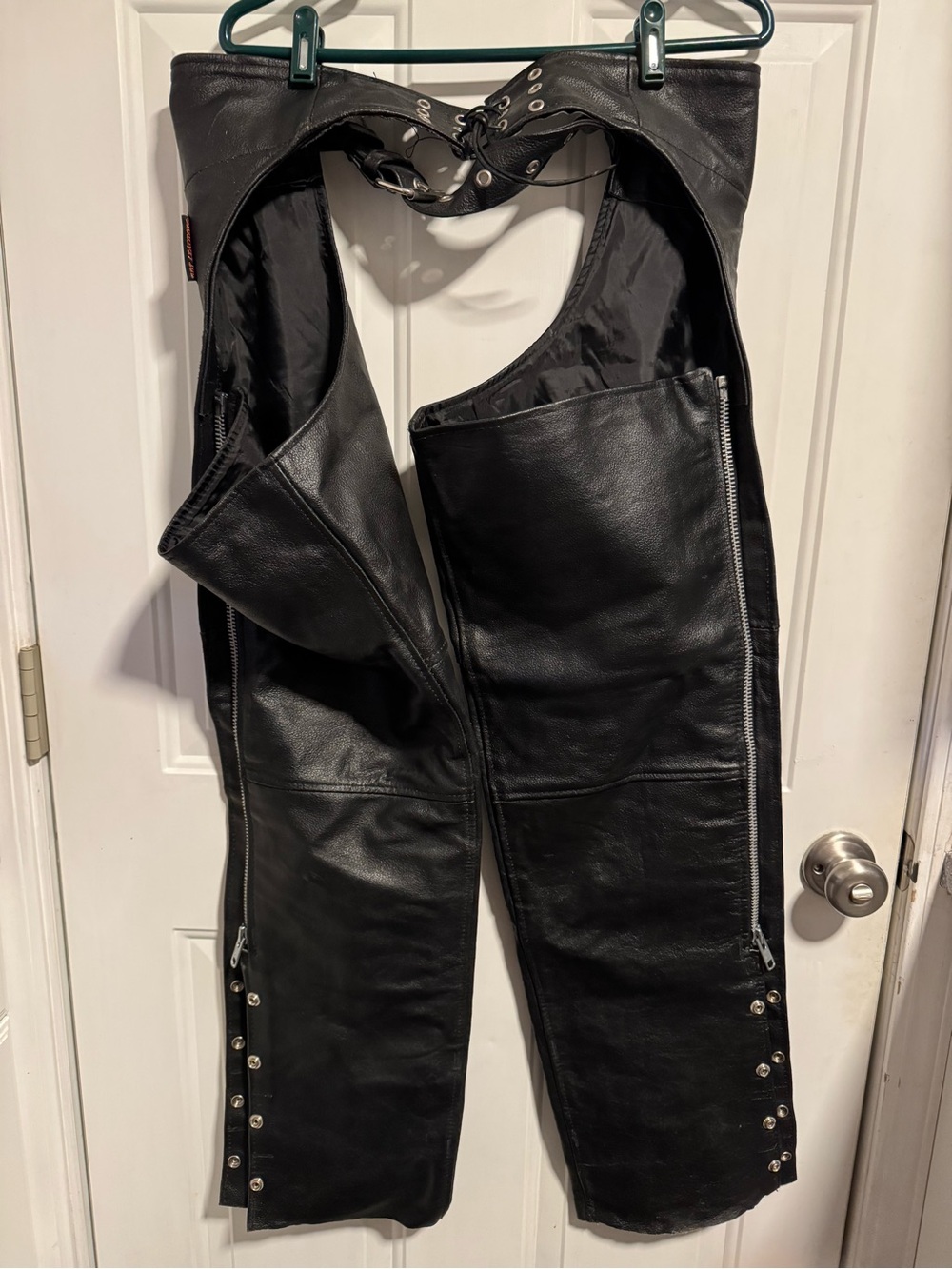 Women's Black Leather Motorcycle Chaps - Classic Biker Style